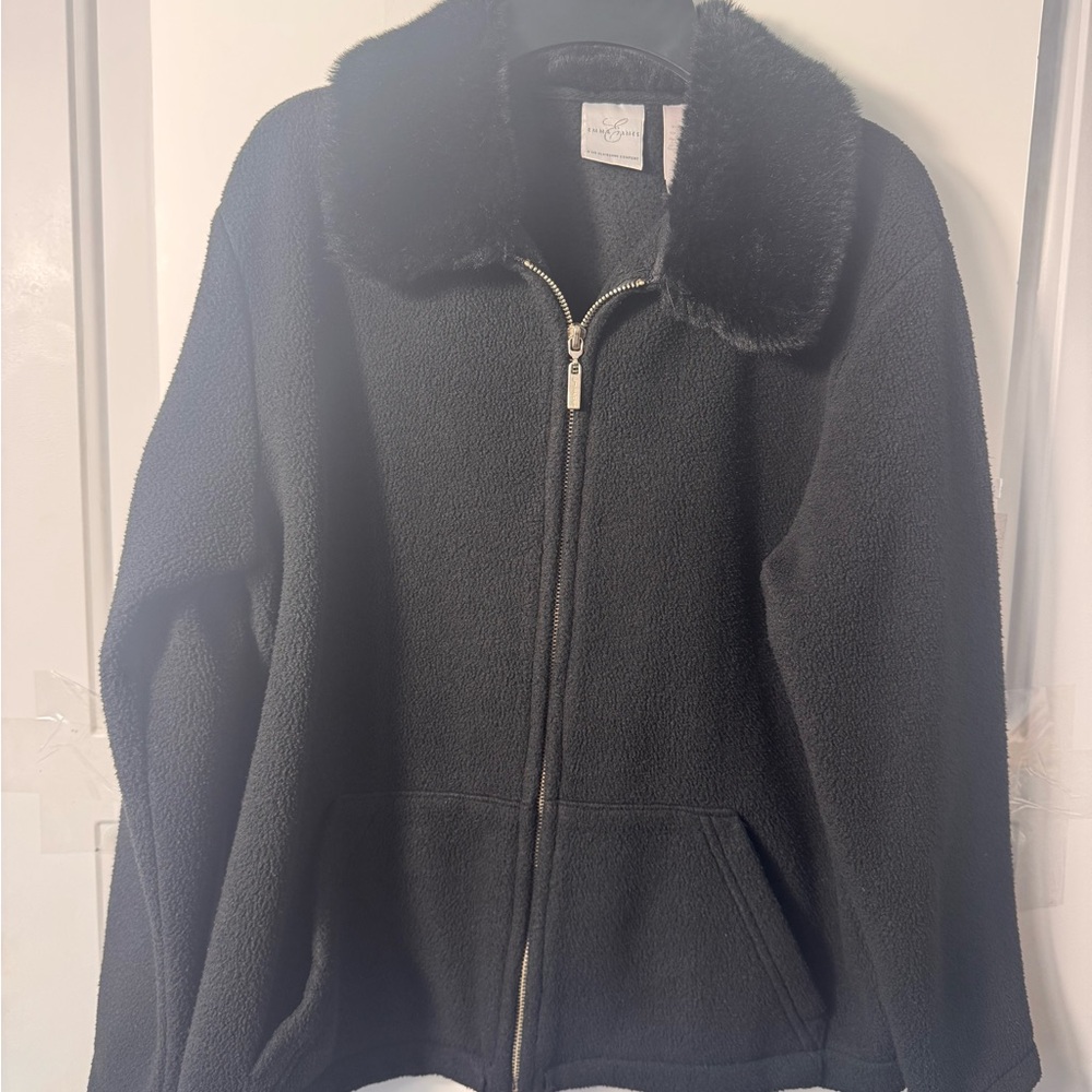 Emma James Black Fleece Jacket w/ Faux Fur Collar Size S Cozy Zip Front Coat - Picture 2 of 9